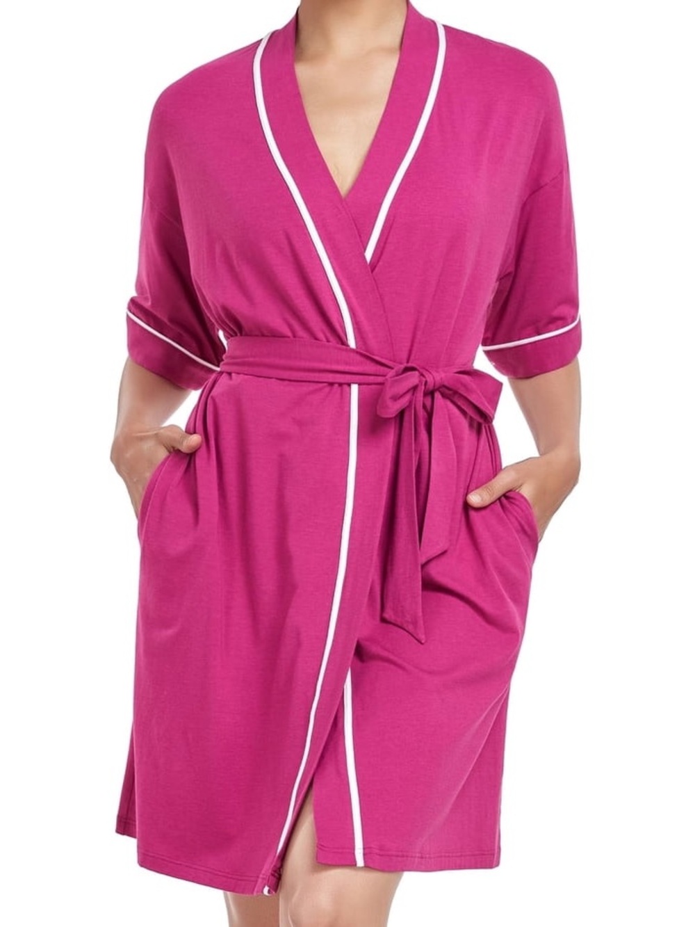 Short Berry Bamboo Robe with White Piping - Women's Wrap Robe VGUC Size XL